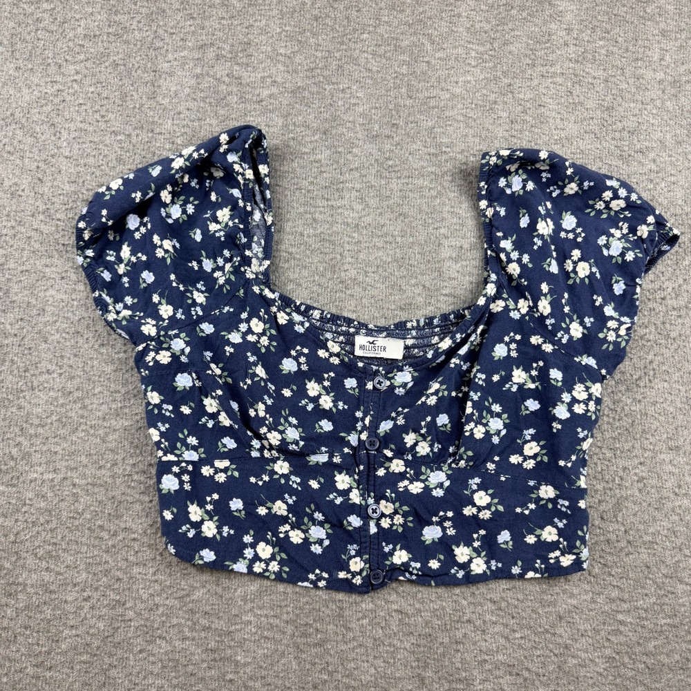 Hollister Navy Sz S Blue Floral Crop Top Short Sleeve Button Front‎ Smocked Back